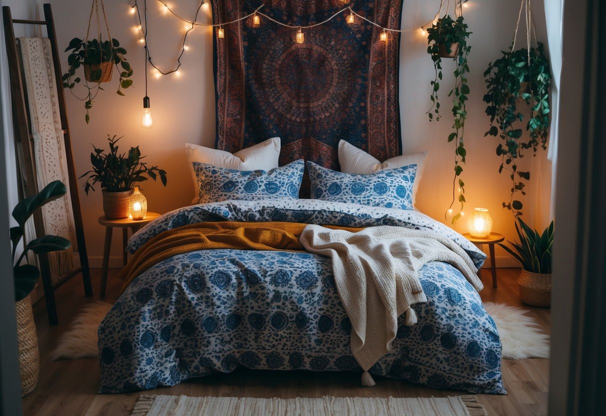 A cozy boho bedroom with a patterned duvet cover, filled with plants, tapestries, and warm lighting