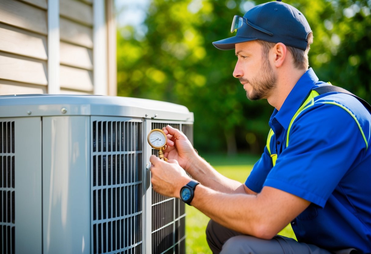 An HVAC technician using a gauge to check refrigerant levels in an outdoor AC unit on a sunny day