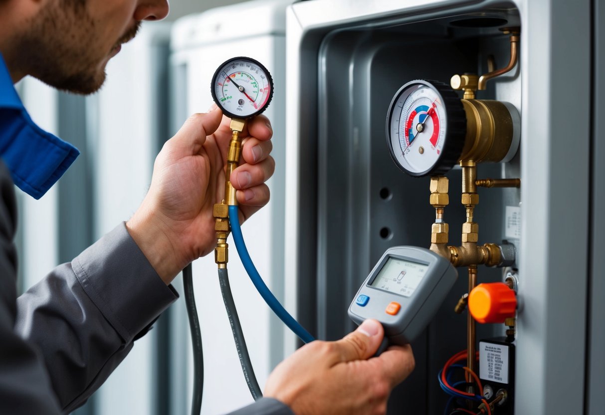 A technician using a gauge to check refrigerant levels in a refrigerator unit