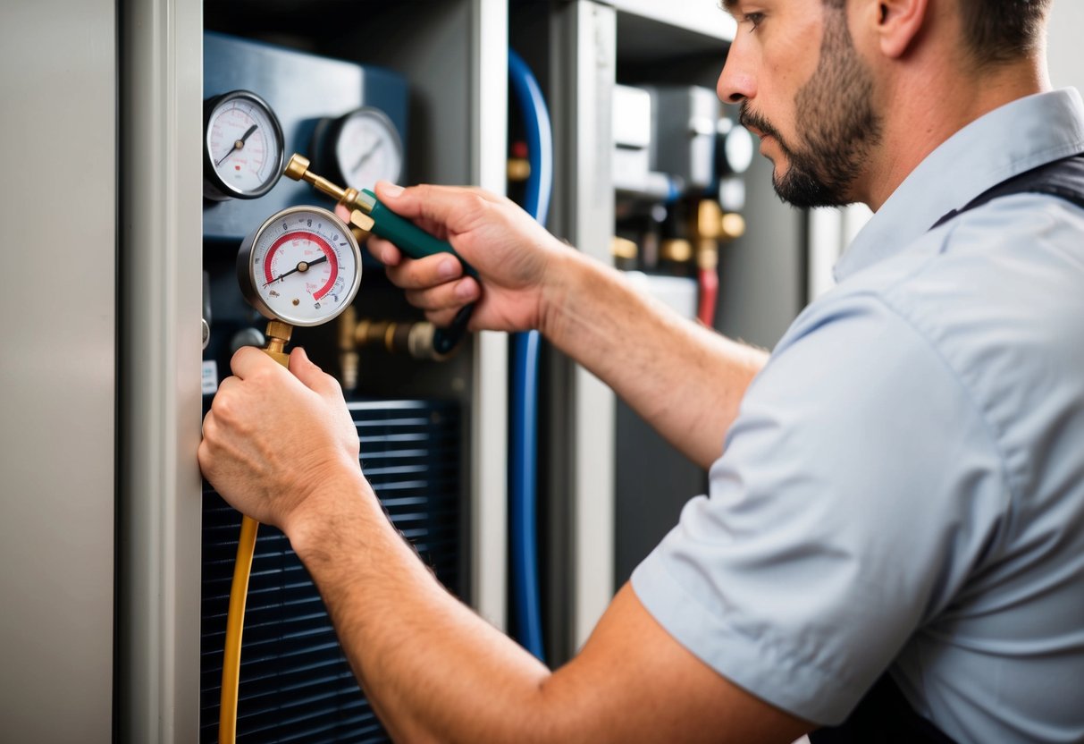 An HVAC technician using a pressure gauge to check refrigerant levels in a commercial refrigeration unit