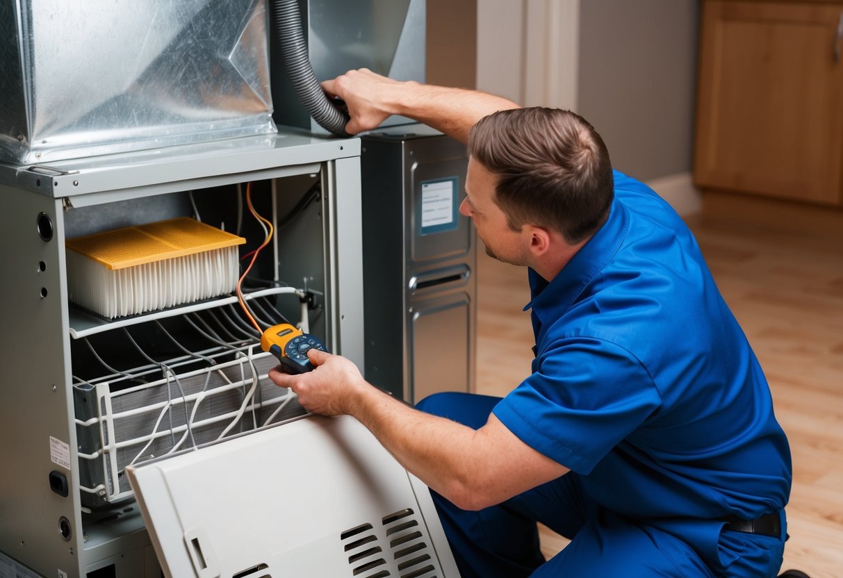 An HVAC technician performing routine maintenance on a system, checking filters, cleaning coils, and inspecting ductwork for optimal energy efficiency