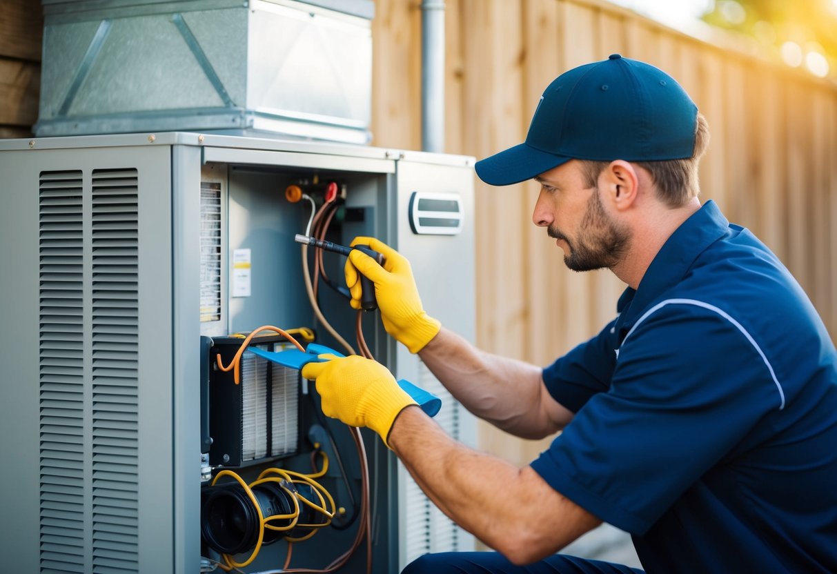 A technician performing routine maintenance on an HVAC system, checking filters, cleaning coils, and inspecting components for optimal energy efficiency