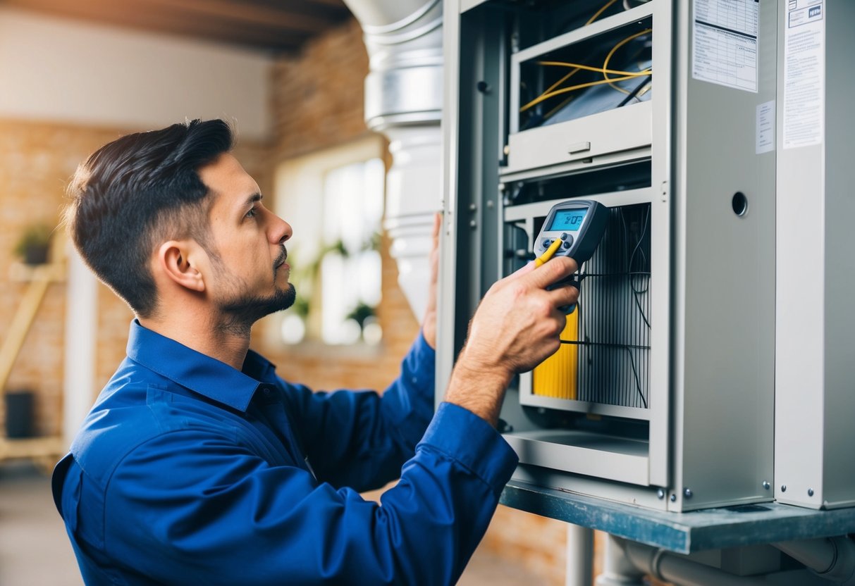 A technician performing maintenance on an HVAC system, checking filters, ducts, and components for energy efficiency