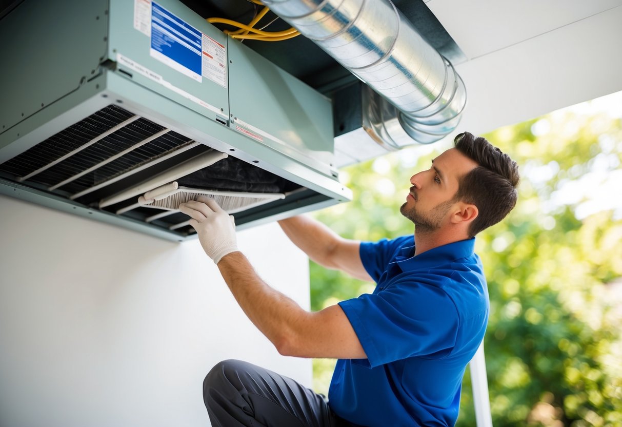 A technician performing routine maintenance on an HVAC system, checking filters, cleaning coils, and inspecting ductwork for energy efficiency