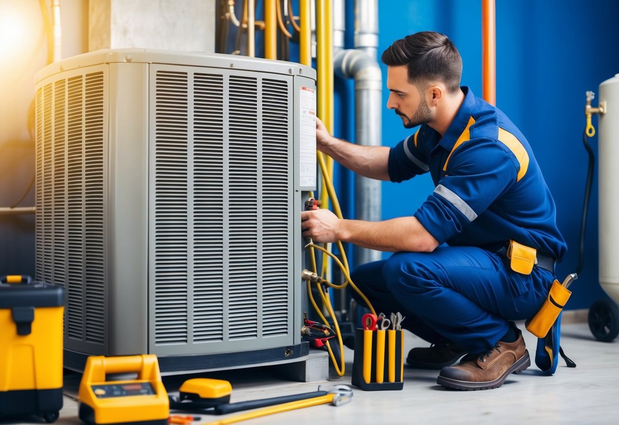 An HVAC technician performing maintenance on a large industrial air conditioning unit, surrounded by tools and equipment