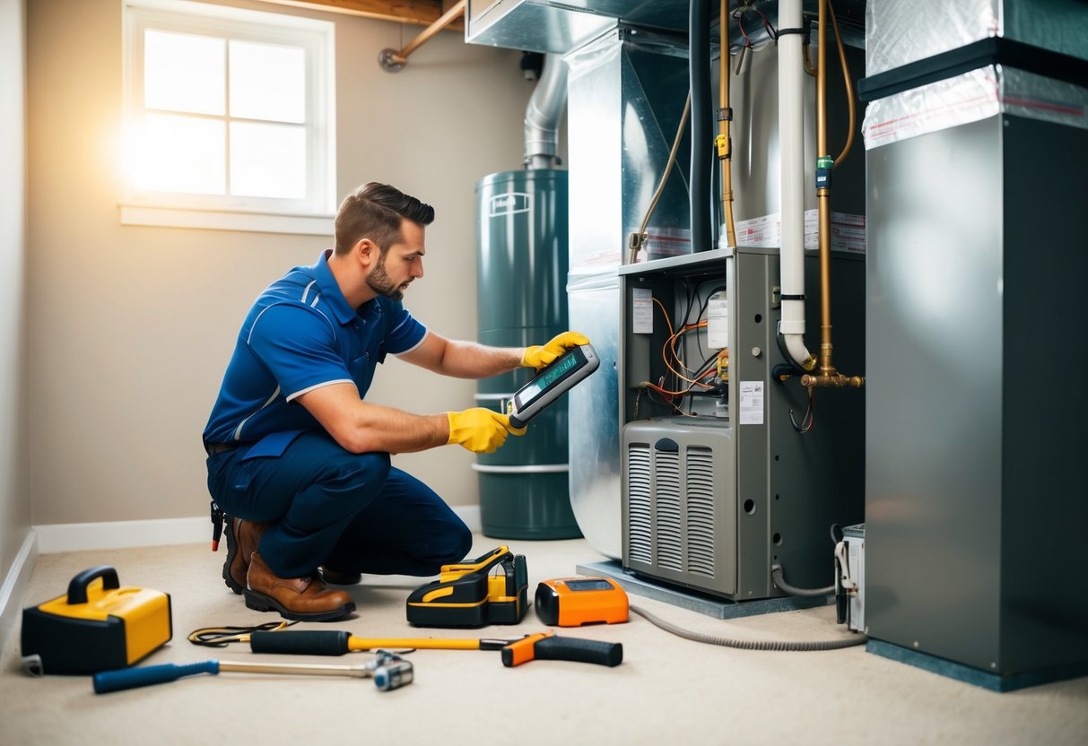 A technician performing routine maintenance on an HVAC system in a residential basement, surrounded by tools and equipment