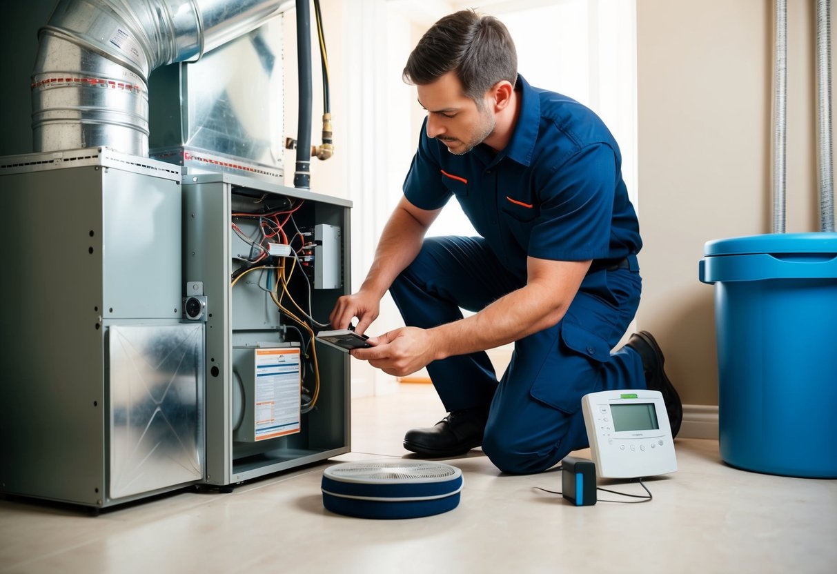 A technician inspecting and servicing an HVAC system in a residential basement, surrounded by various components such as ductwork, filters, and a thermostat