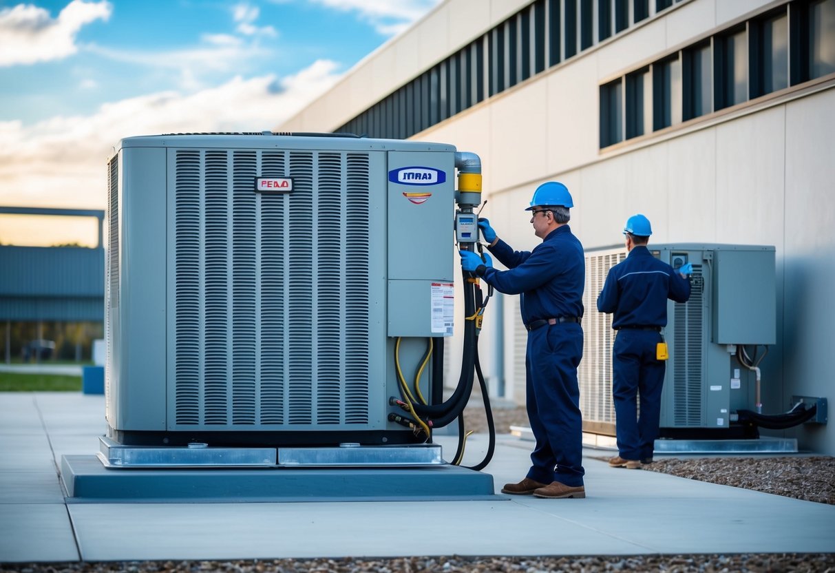 An industrial building with a modern HVAC system controlled by a building automation system. Technicians perform regular servicing on the HVAC units, ensuring energy efficiency