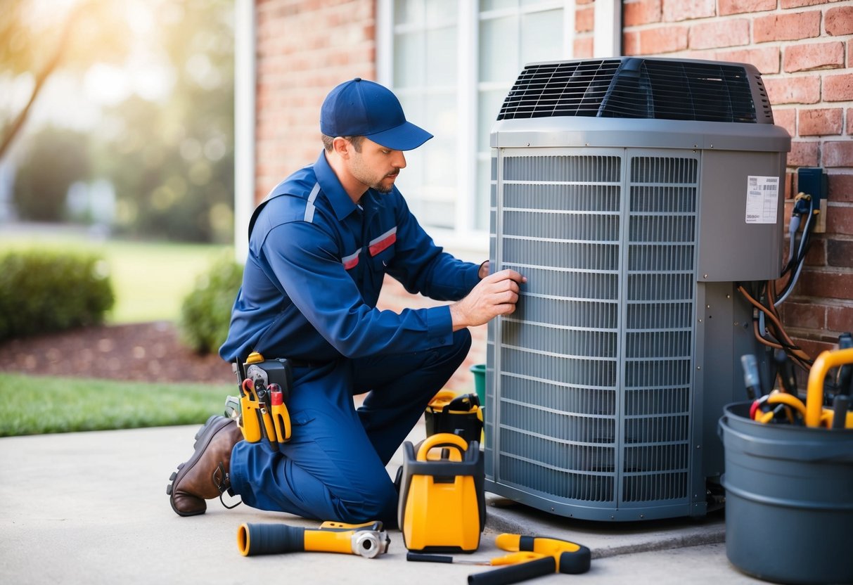 An HVAC technician performing maintenance on a residential air conditioning unit in Atlanta, surrounded by tools and equipment