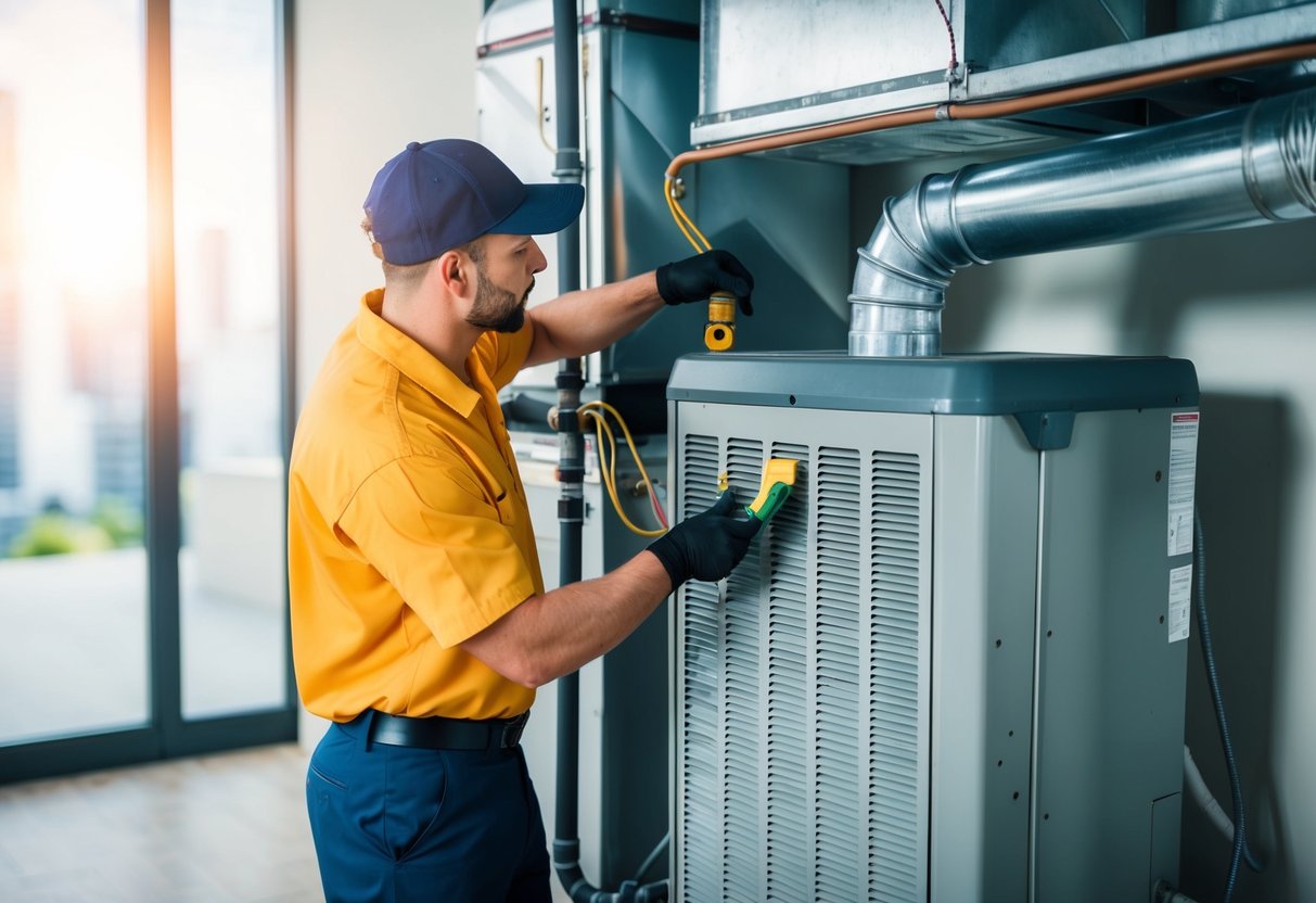 A technician performing maintenance on an HVAC unit in a commercial building, checking filters, cleaning coils, and inspecting ductwork for energy efficiency