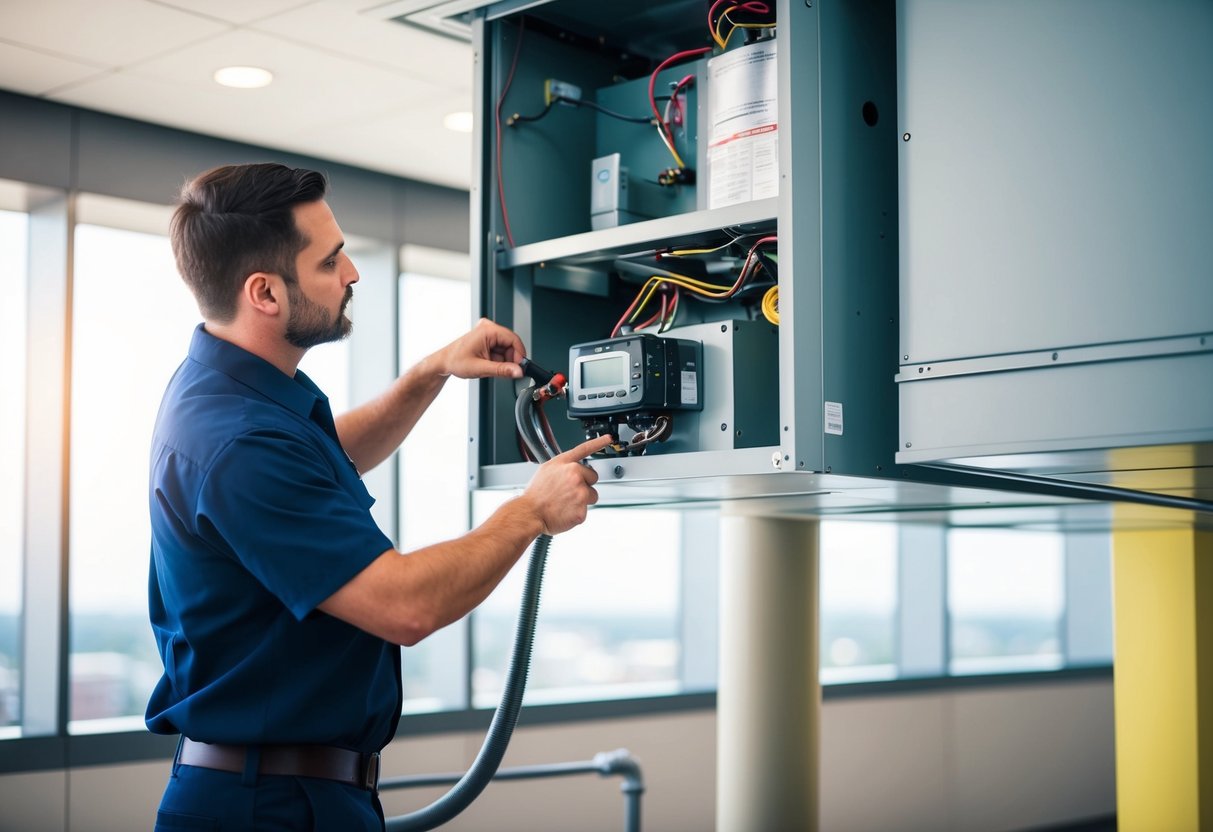 A technician performing maintenance on a modern HVAC system, with advanced technology and energy-efficient features, in a commercial building in Atlanta