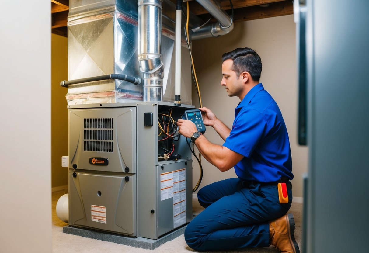 A technician performing routine maintenance on an HVAC unit in a residential basement in Atlanta