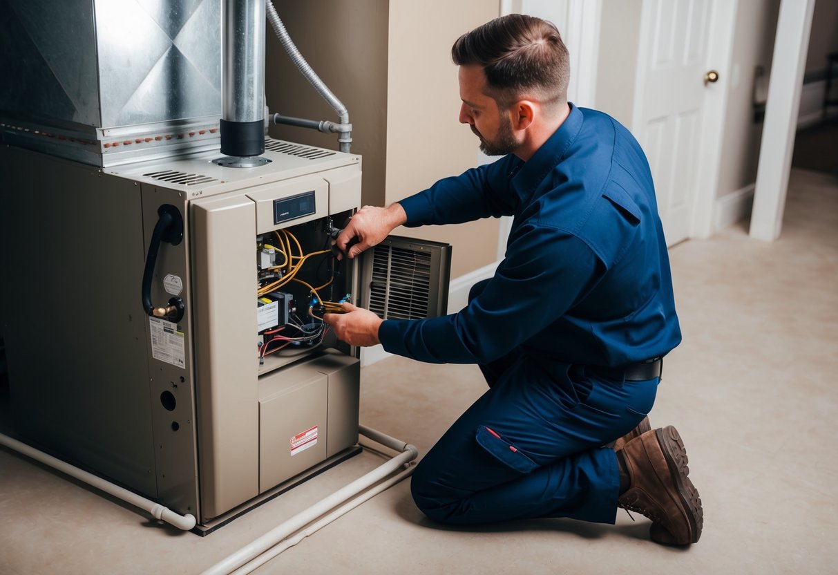 An HVAC technician performing maintenance on a furnace, air conditioner, and ventilation system in a residential basement