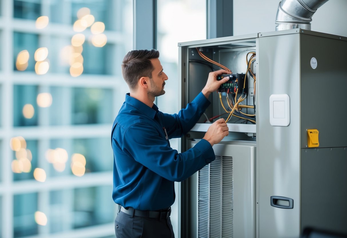 An HVAC technician inspecting and maintaining a system in a modern Atlanta office building