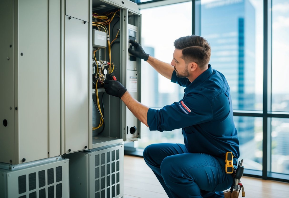 A technician performing routine maintenance on an HVAC system in a modern Atlanta office building