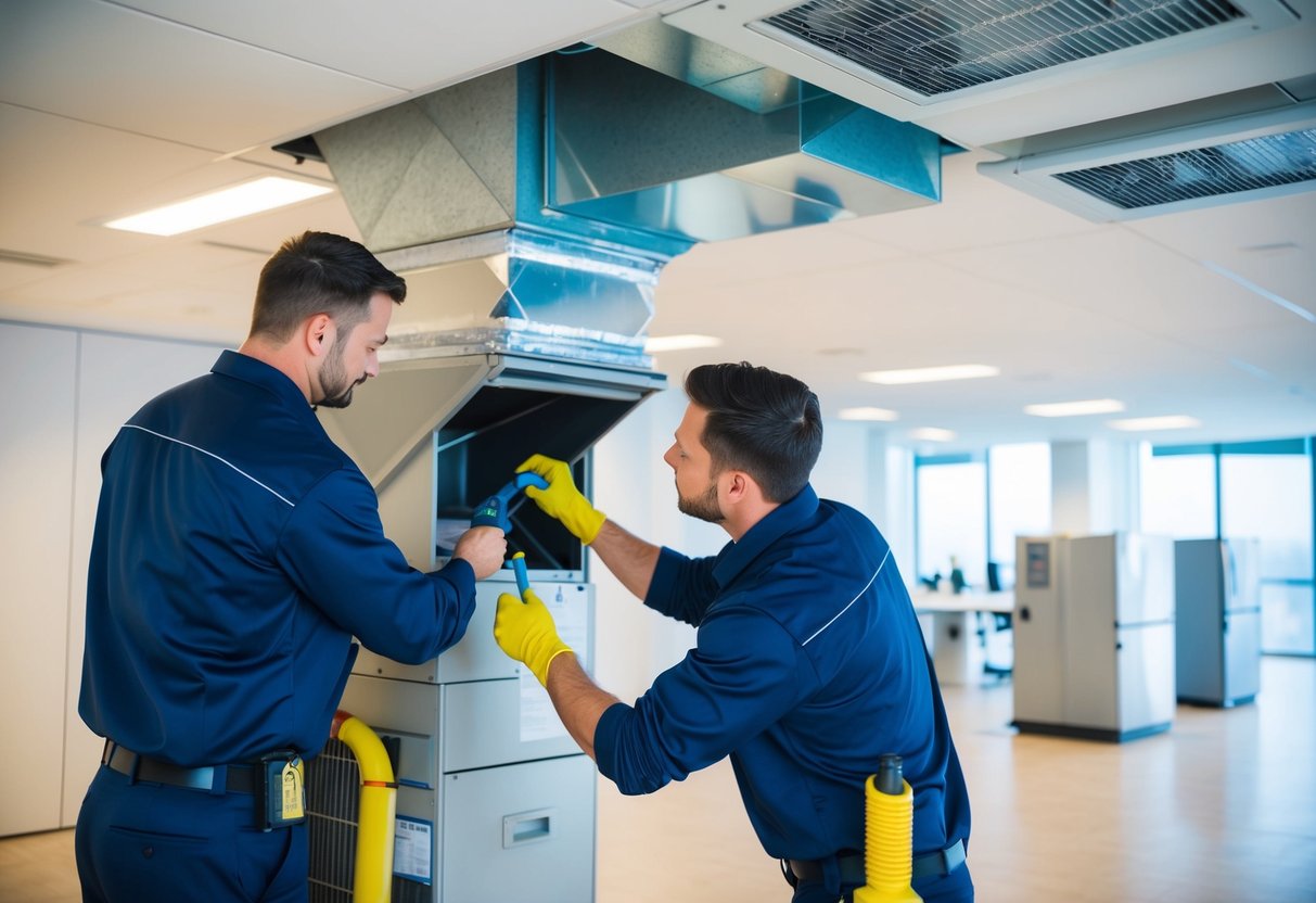 A technician performing HVAC maintenance in a well-lit, modern office building. The technician is inspecting air filters and cleaning ducts, with energy-efficient equipment visible in the background