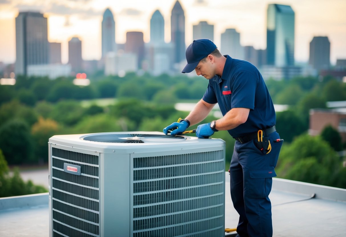 An HVAC technician performing maintenance on a rooftop unit in Atlanta, surrounded by city skyline and greenery