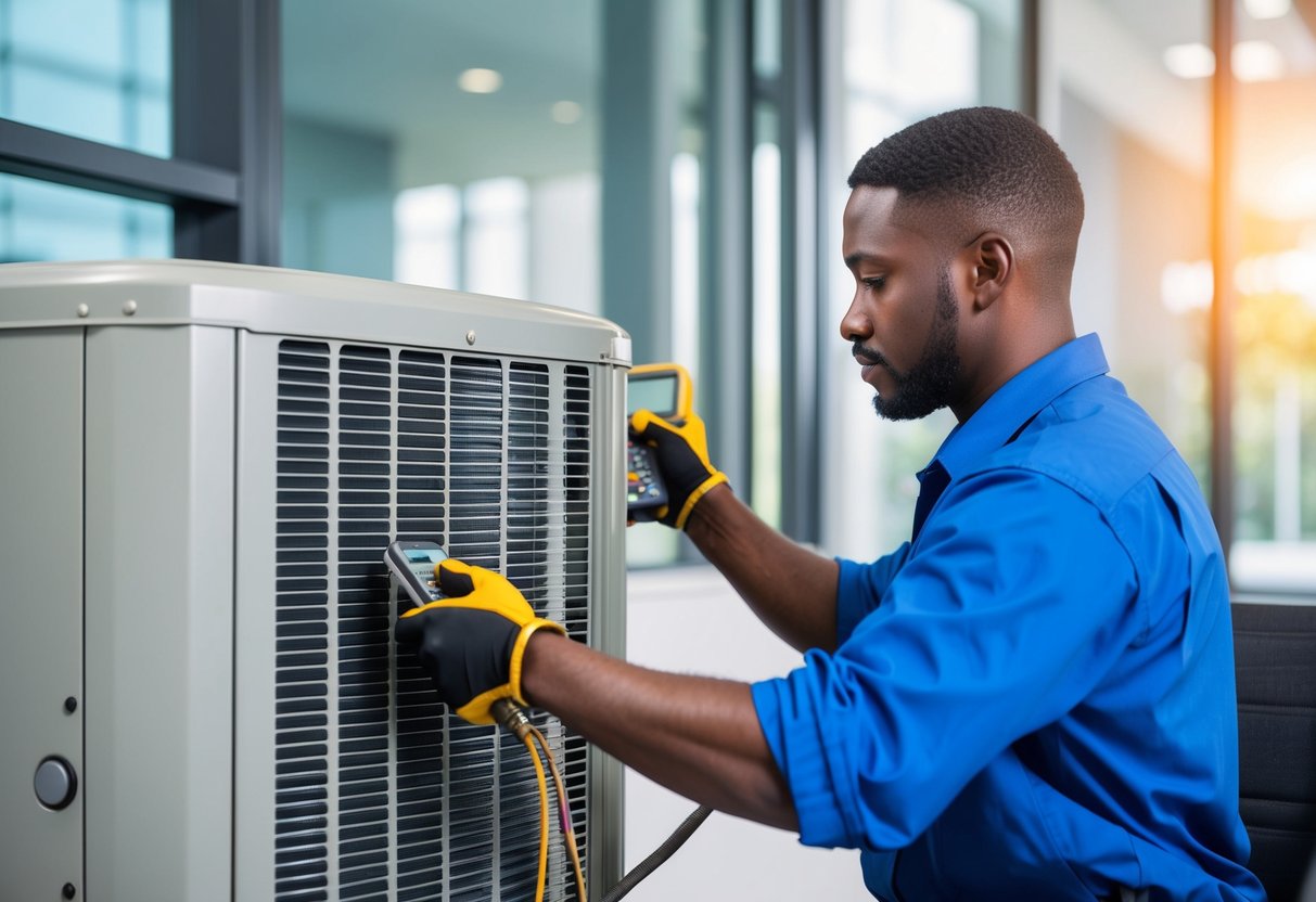 A technician performing routine maintenance on an HVAC system in a modern Atlanta office building