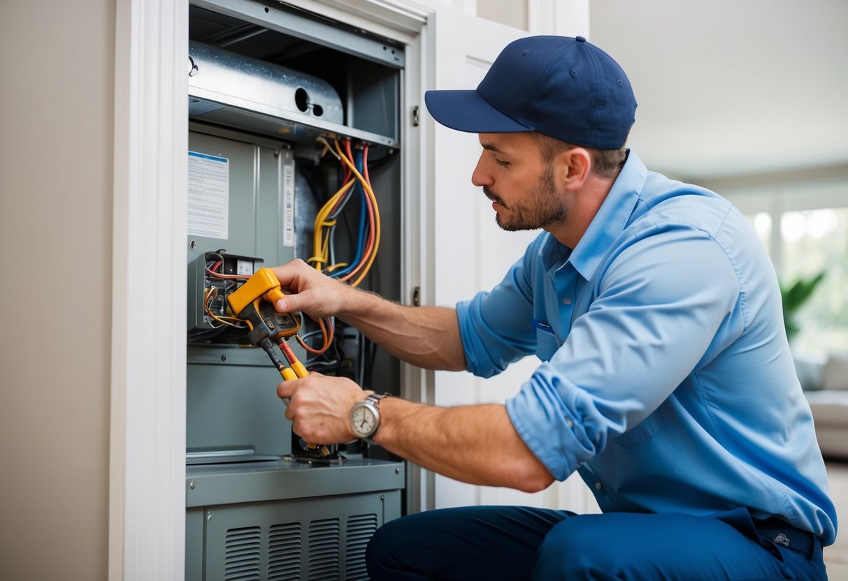 An HVAC technician inspecting and cleaning a heating and cooling system in a well-maintained Atlanta home