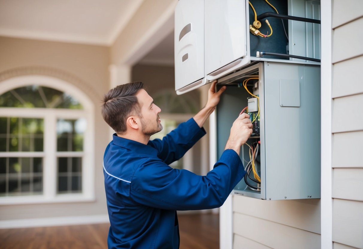 A technician inspecting and maintaining an HVAC system in a residential home in Atlanta