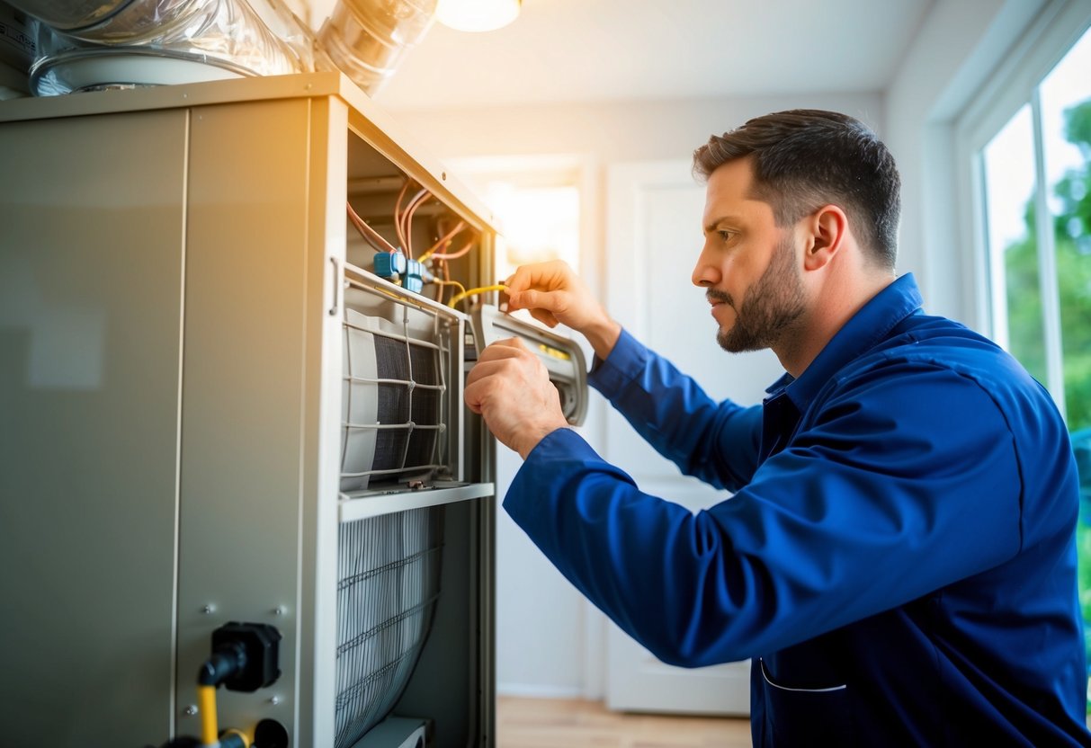 A technician performing routine maintenance on an HVAC system in an Atlanta home, checking filters and inspecting components for energy efficiency