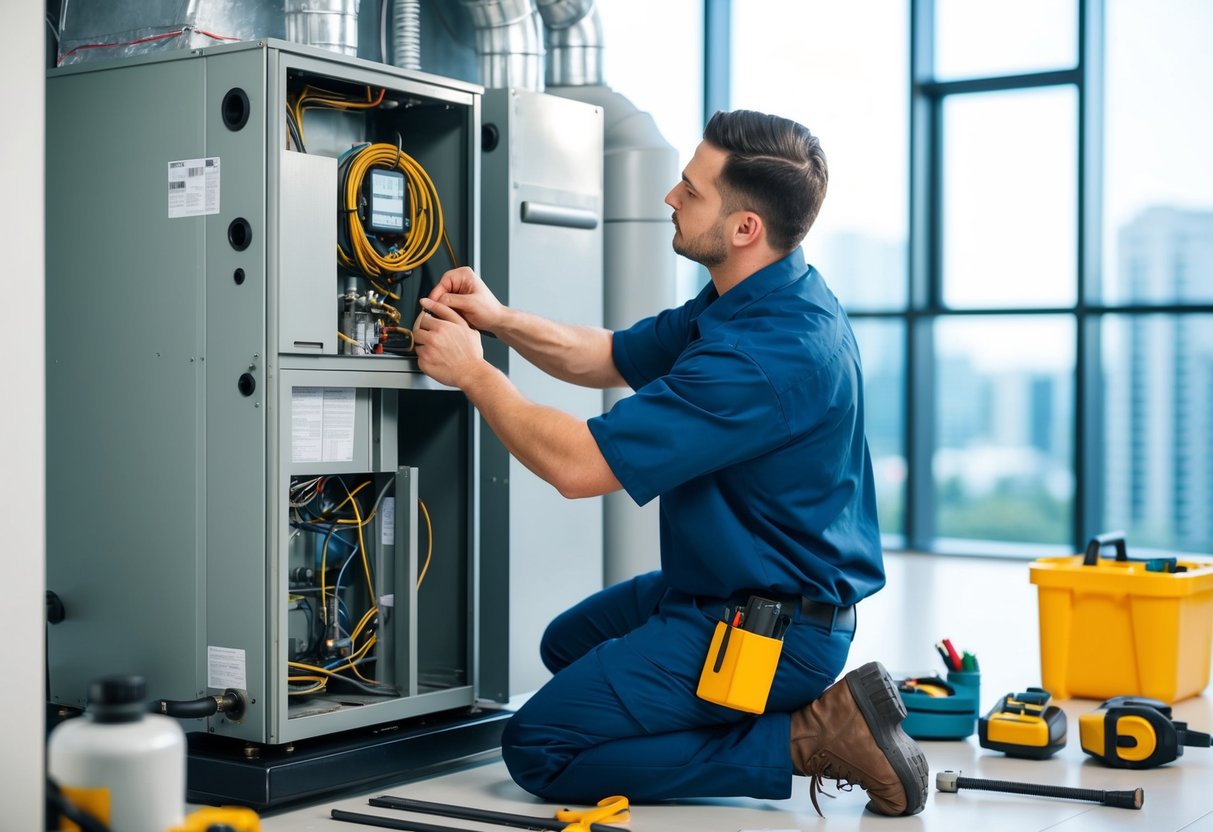 A technician performing routine maintenance on an HVAC system in a modern Atlanta office building, surrounded by tools and equipment