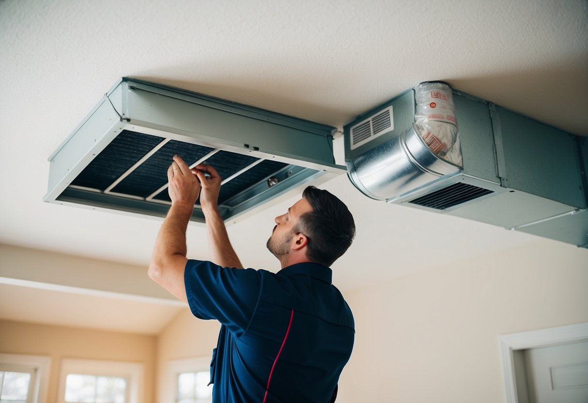 A technician performing routine maintenance on an HVAC system in a well-lit Atlanta home, checking filters and inspecting ductwork for energy efficiency