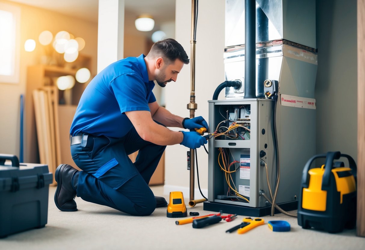 An HVAC technician performing routine maintenance on a system in a residential basement, surrounded by tools and equipment