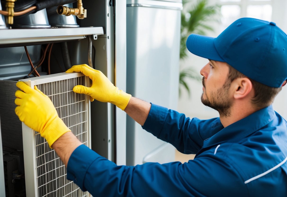 A technician performing routine maintenance on an HVAC system, cleaning filters and checking for any signs of wear and tear