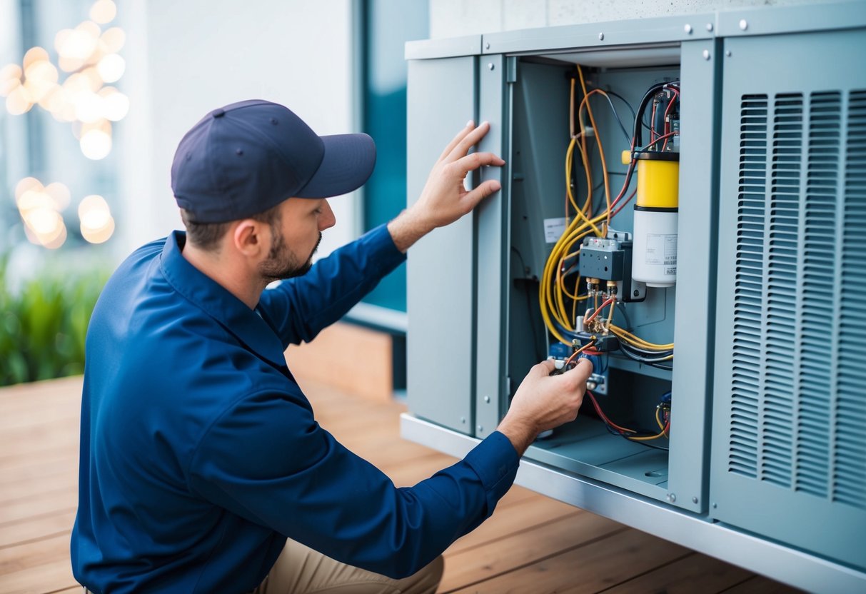 An HVAC technician performing routine maintenance on a modern heating and cooling system, checking filters, inspecting components, and optimizing efficiency