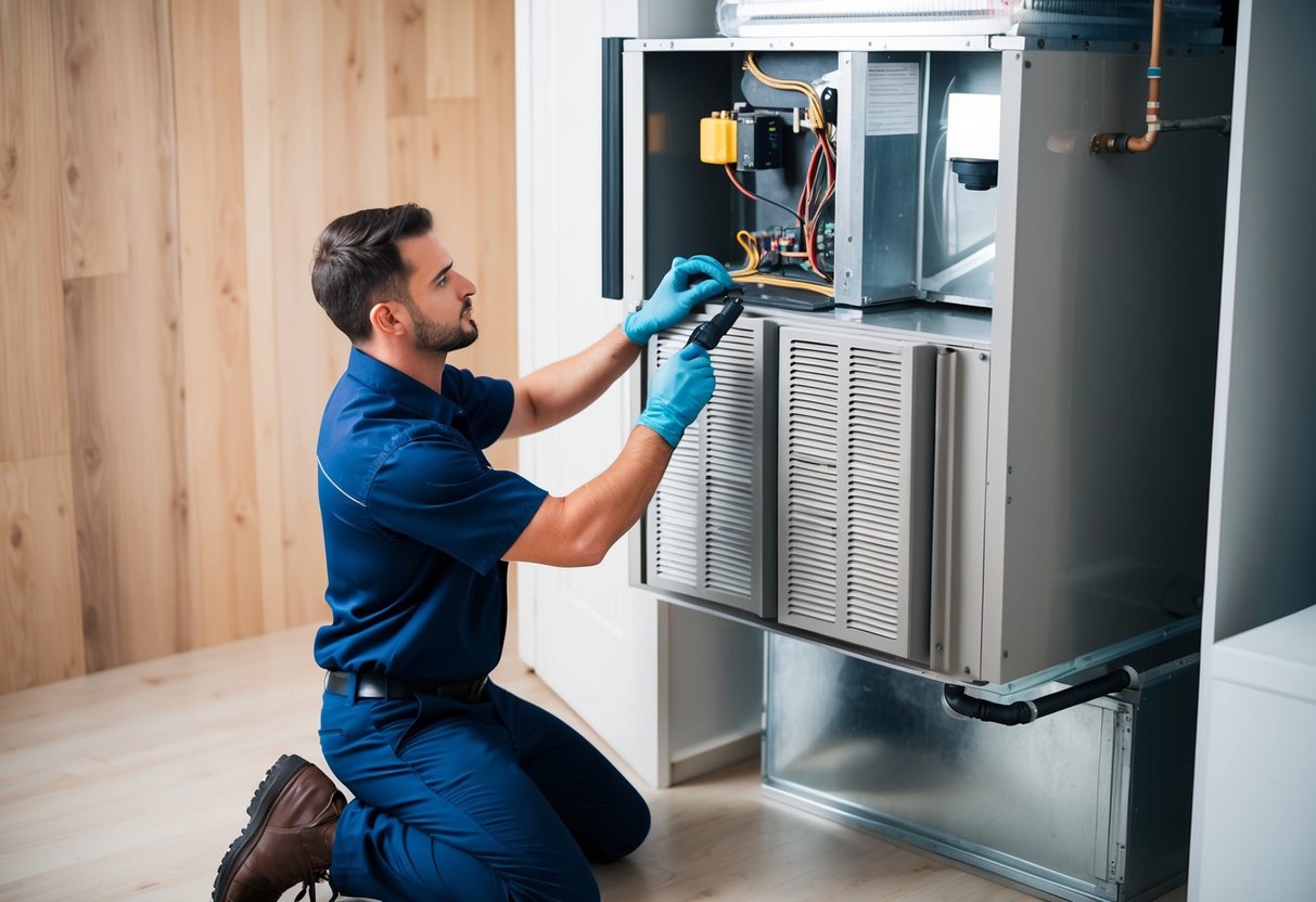 A technician performing routine maintenance on an HVAC system, checking filters and cleaning components for economic benefits