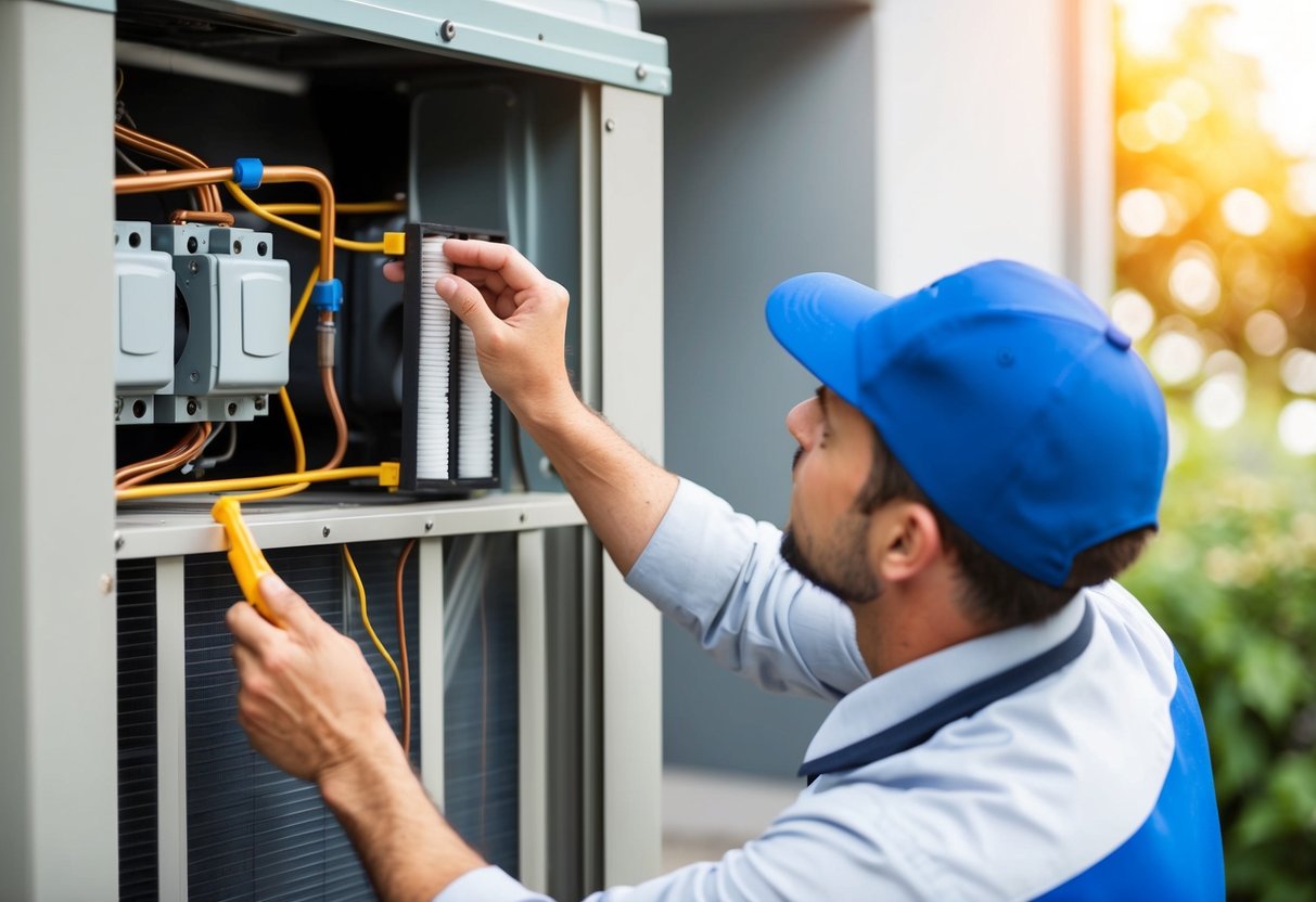 An HVAC technician conducting routine maintenance on a heating and cooling unit, checking filters and cleaning coils to ensure energy efficiency