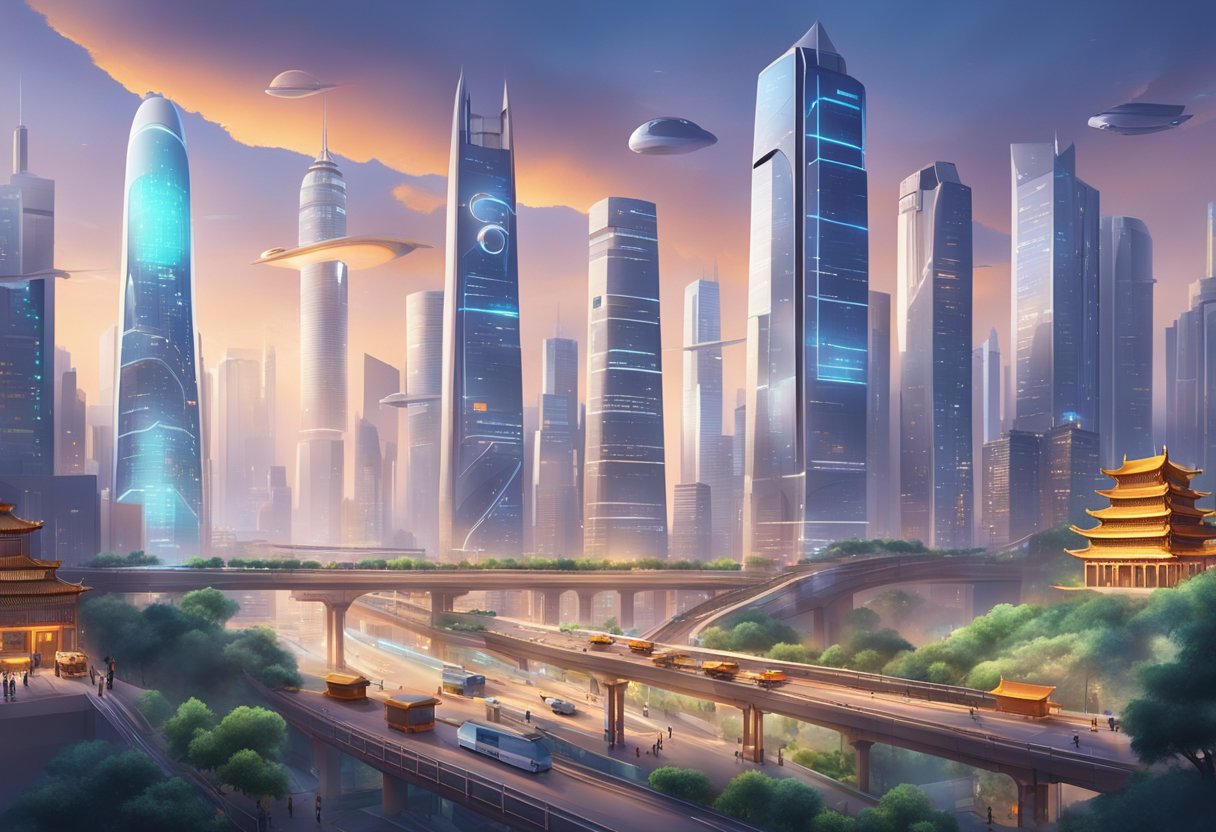 Un bullicioso horizonte de ciudad china con tecnología de IA futurista integrada en diversas industrias y actividades económicas