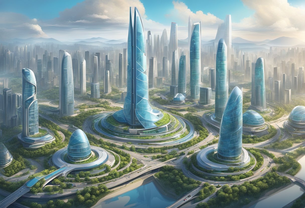 Un paisaje urbano futurista en China con tecnología de IA avanzada integrada en edificios y sistemas de transporte