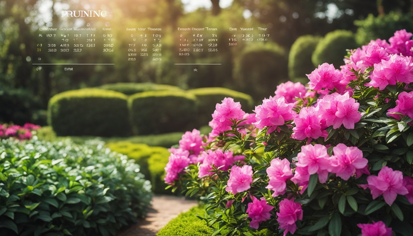 When to Prune Azaleas in Georgia A sunny garden with blooming azaleas, surrounded by lush greenery and a calendar showing the recommended pruning times in Georgia