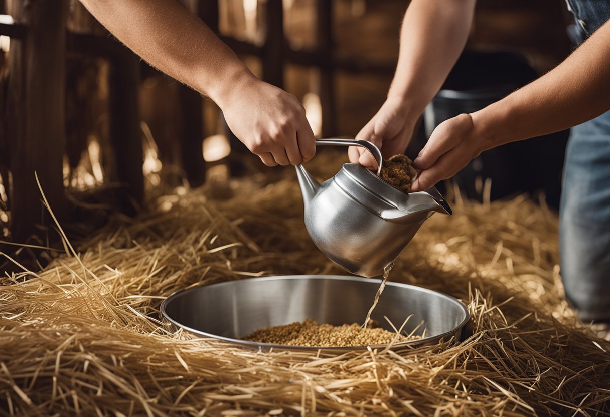 A chicken waterer sitting in a rustic barn setting, surrounded by straw and feed. A hand reaching out to fill it with water