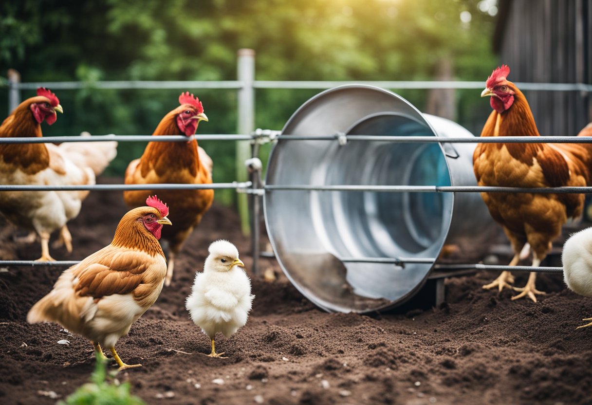 A chicken waterer installed in a coop, with a hose attachment and a clear reservoir. It is surrounded by chickens pecking at the ground