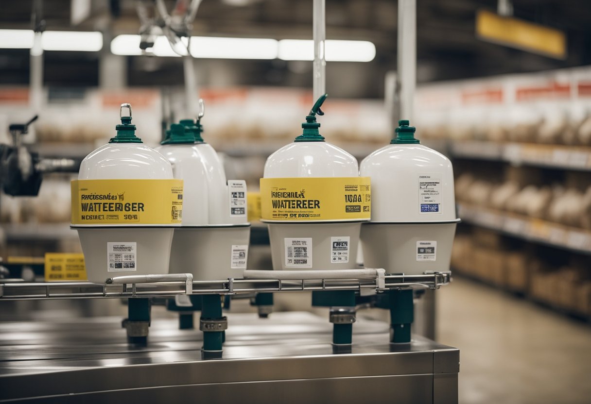 A chicken waterer displayed in a hardware store, with price tags, features highlighted, and installation instructions nearby