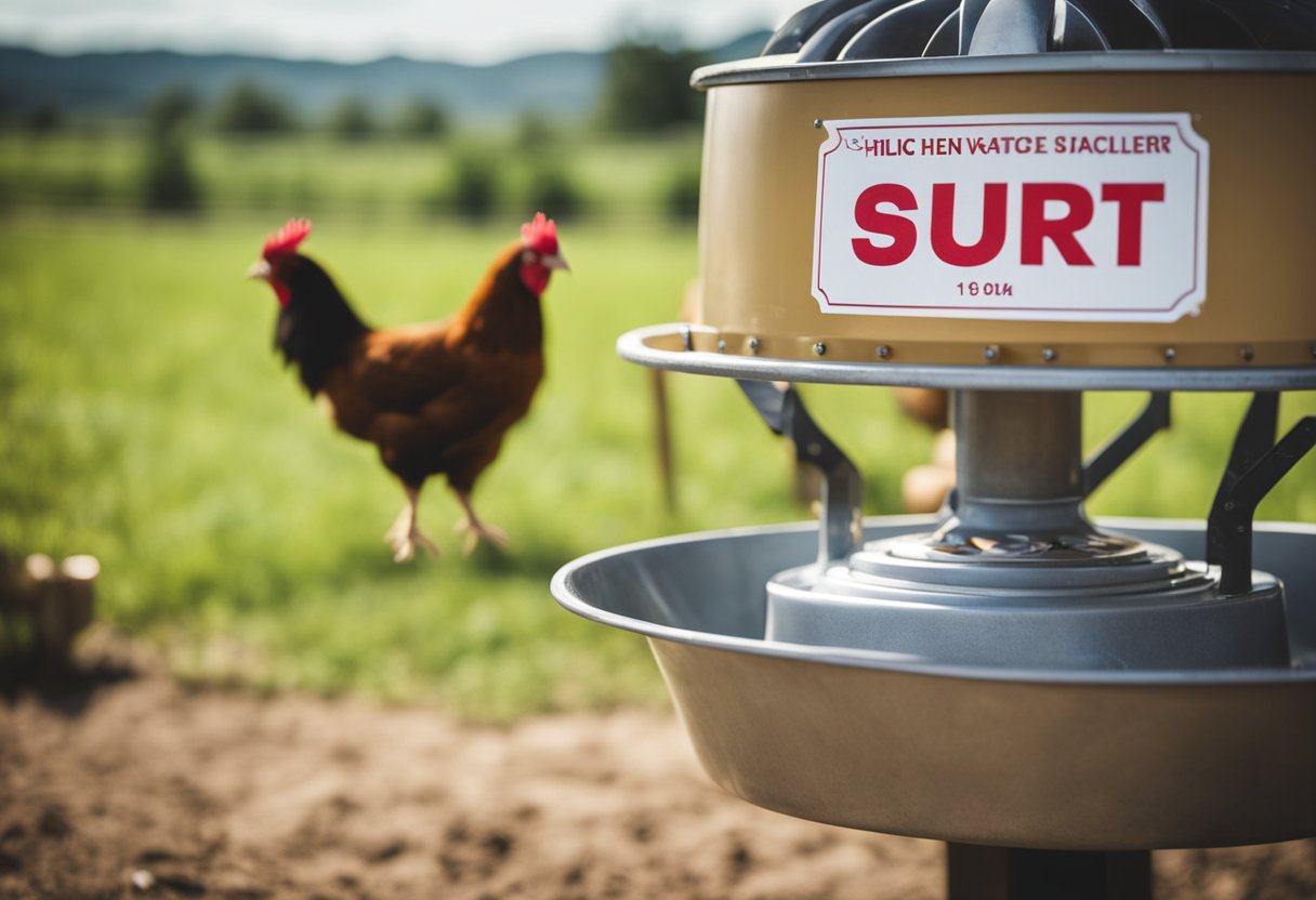 A chicken waterer displayed with price tag, easy installation, and available for purchase in a farm supply store