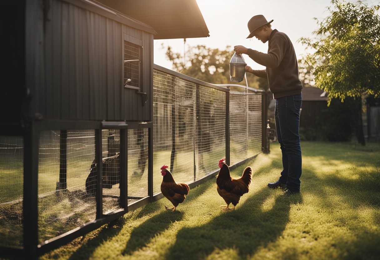 A backyard with a chicken coop, a waterer attached to a fence, and a person filling it with water