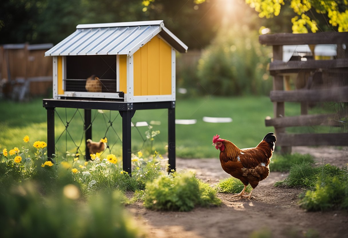 A backyard with a chicken coop, a waterer installed, and a price tag. Nearby, a store sign with features listed