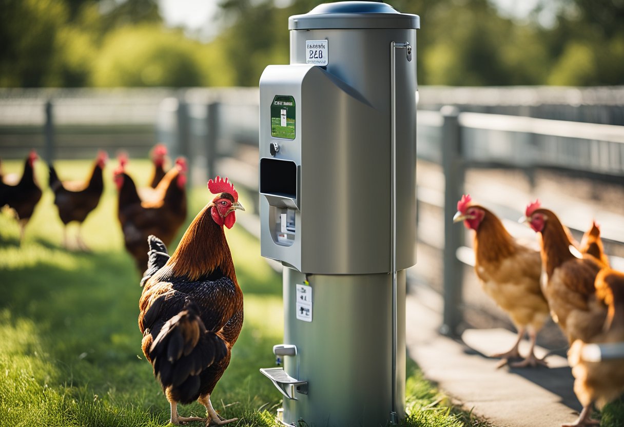 A chicken waterer displayed with price tag, features highlighted, installation steps, and location map for purchase