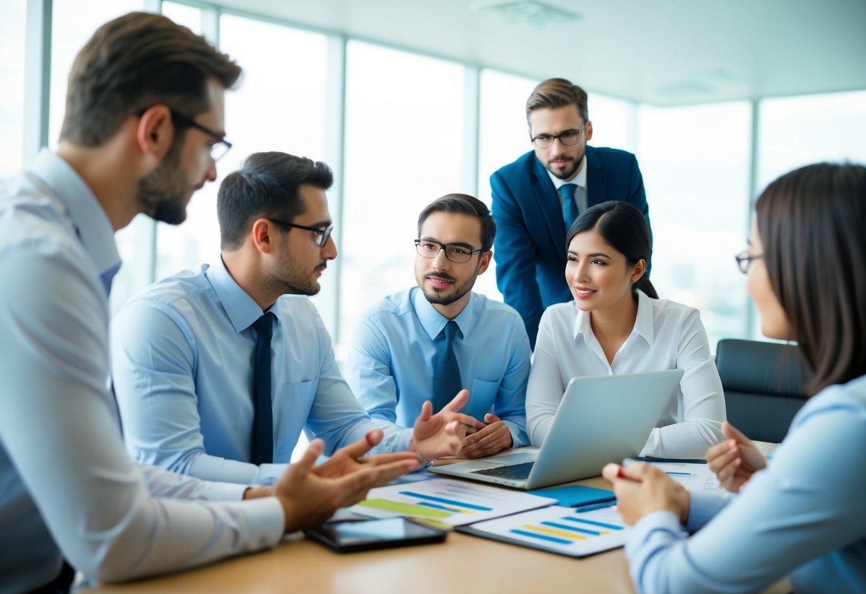 Un groupe de travailleurs dans un cadre professionnel, discutant et réfléchissant à des options alternatives pour répondre aux contrats de marchés publics.