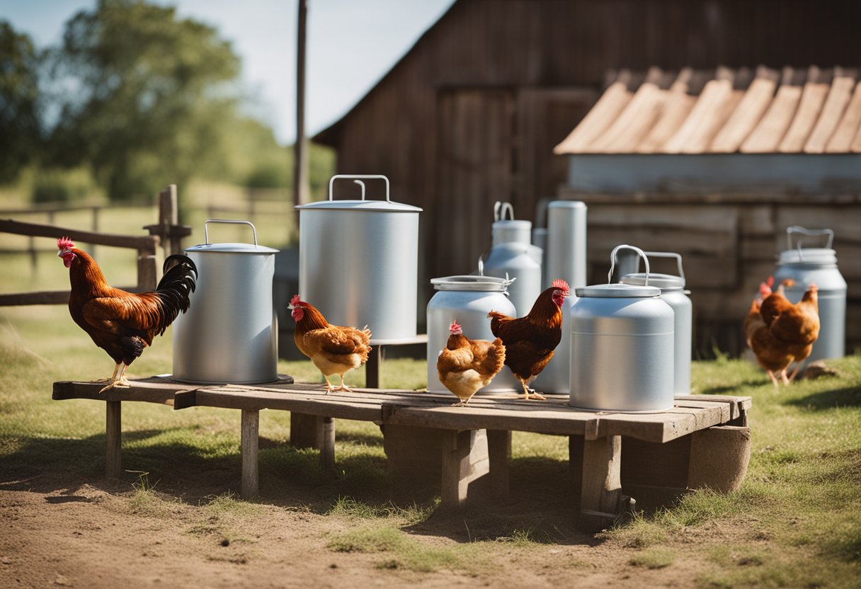 A variety of chicken waterers set up in a rustic farmyard with hens pecking around