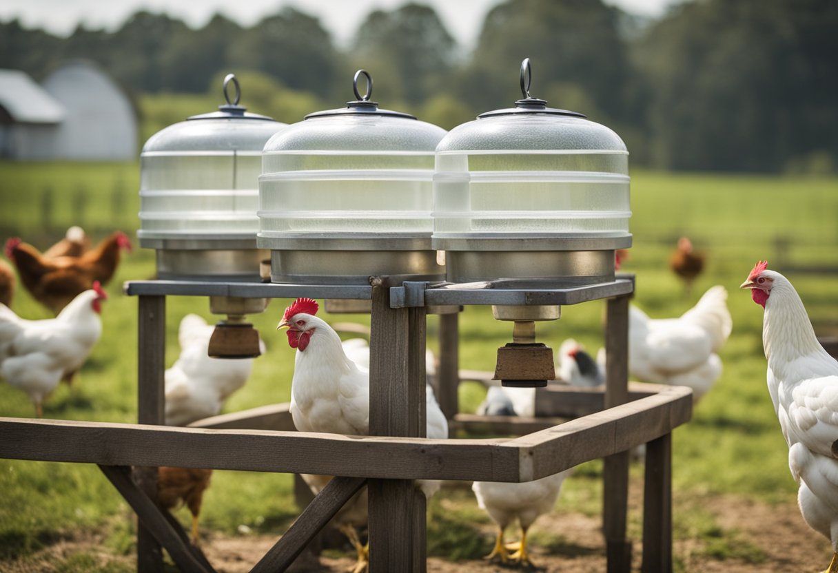 A variety of chicken waterers displayed in a farm setting, with a focus on the importance of adequate water supply for the poultry