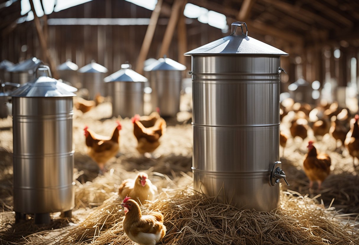 A variety of chicken waterers arranged in a rustic barn setting with straw and feed scattered around