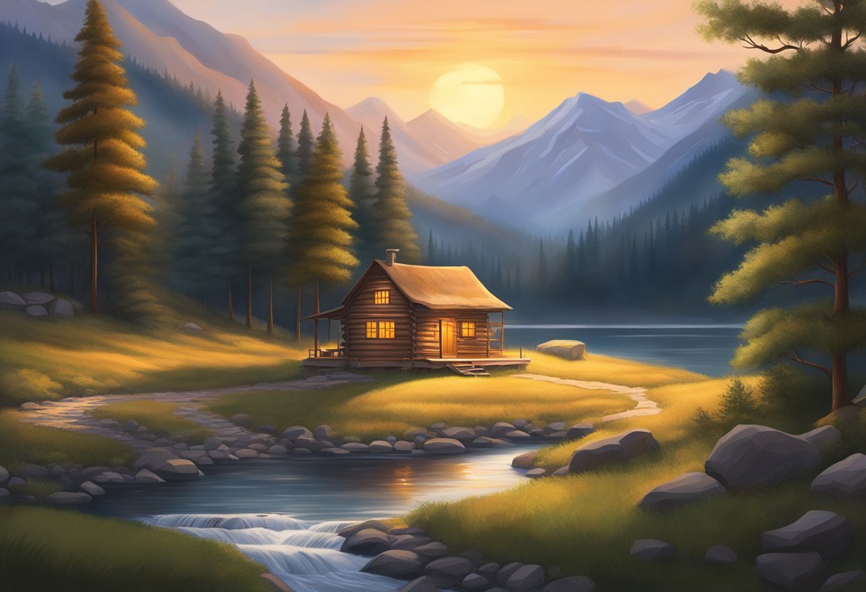 A lone cabin sits nestled in the mountains, surrounded by towering trees and a winding river. The sun sets in the distance, casting a warm glow over the serene landscape