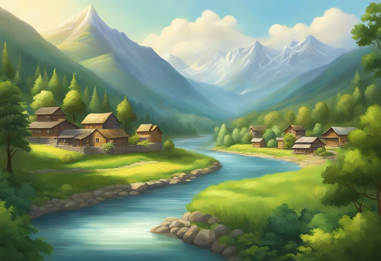 A serene river winds through a lush valley, surrounded by towering mountains and dense forests. A small town sits nestled along the riverbank, with quaint buildings and a peaceful atmosphere