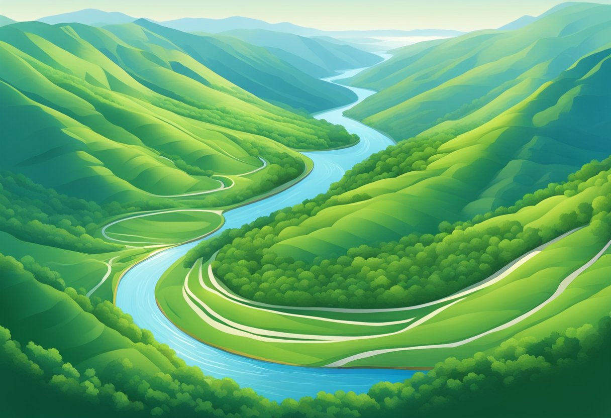 A winding river cutting through lush, green mountains under a clear blue sky