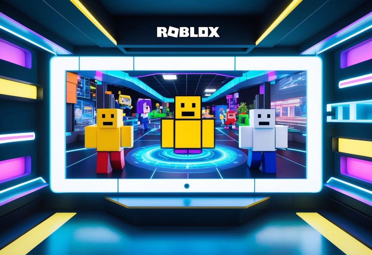 A futuristic virtual world with advanced technology and vibrant colors, showcasing the latest Roblox features in action